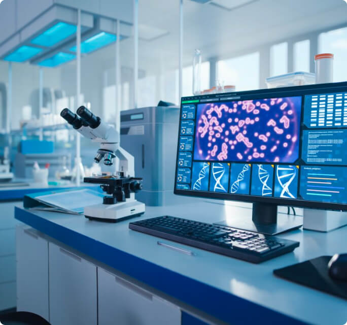 Computer monitor and keyboard next to microscope